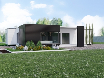 Проект 1этажного деревянного дома с террасой,гаражом DD18